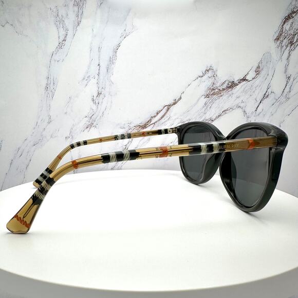 New Burberry Sunglasses Black Front Round Pantos Frame Checkered Arms Gray Lens - Picture 4 of 16